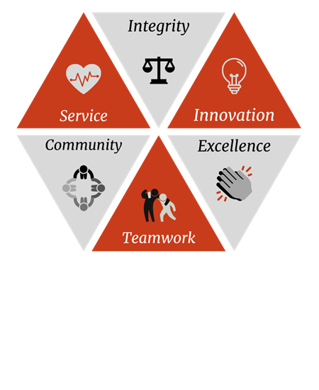 Core Values Image - Integrity, Innovation, Excellence, Teamwork, Community, Service